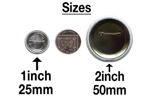 A comparison chart of button badge pin sizes