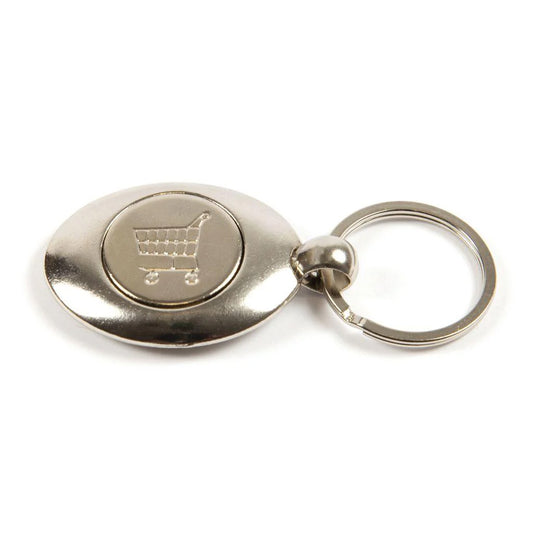 The rear of a keyring with a magnetically-held shopping trolley coin