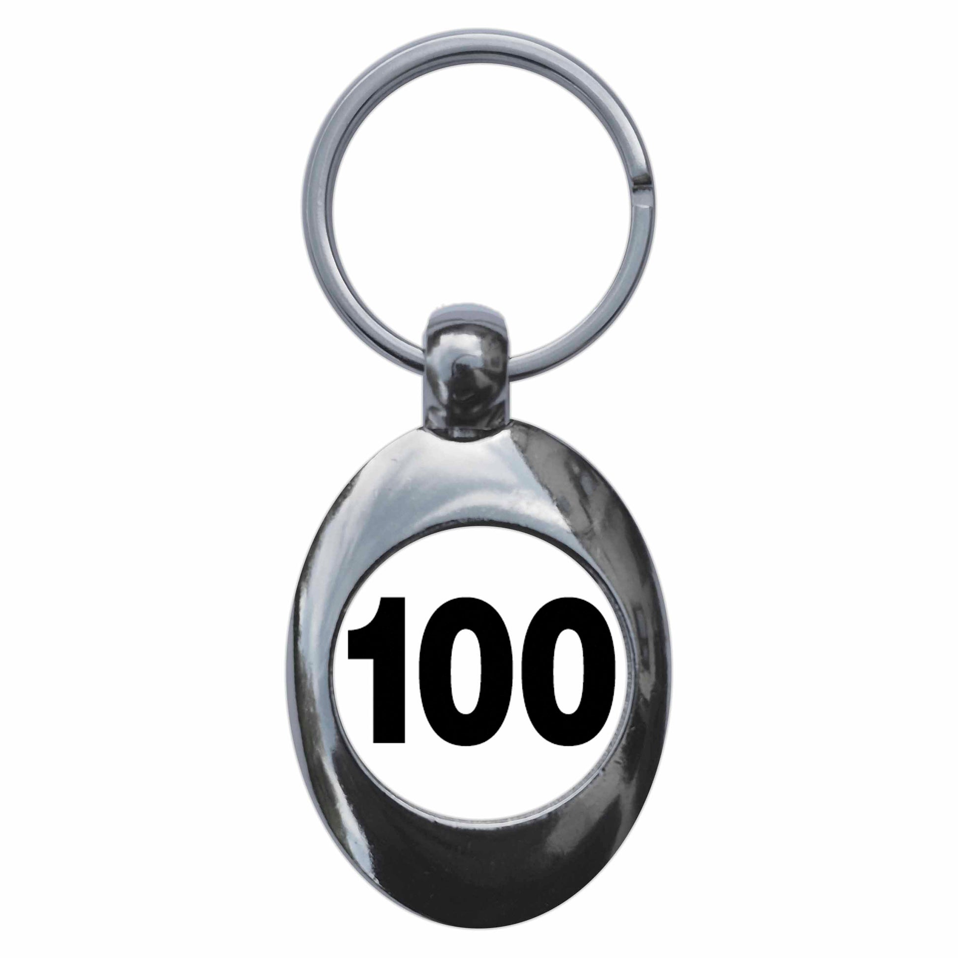 A picture of the front of the product, titled Plain Number 100 One Hundred Metal Keyring With Trolley Coin