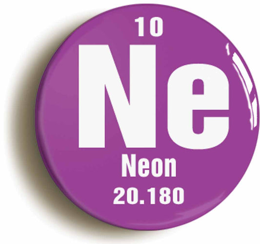 A picture of the front of the product, titled Neon Element Symbol Button Pin Badge