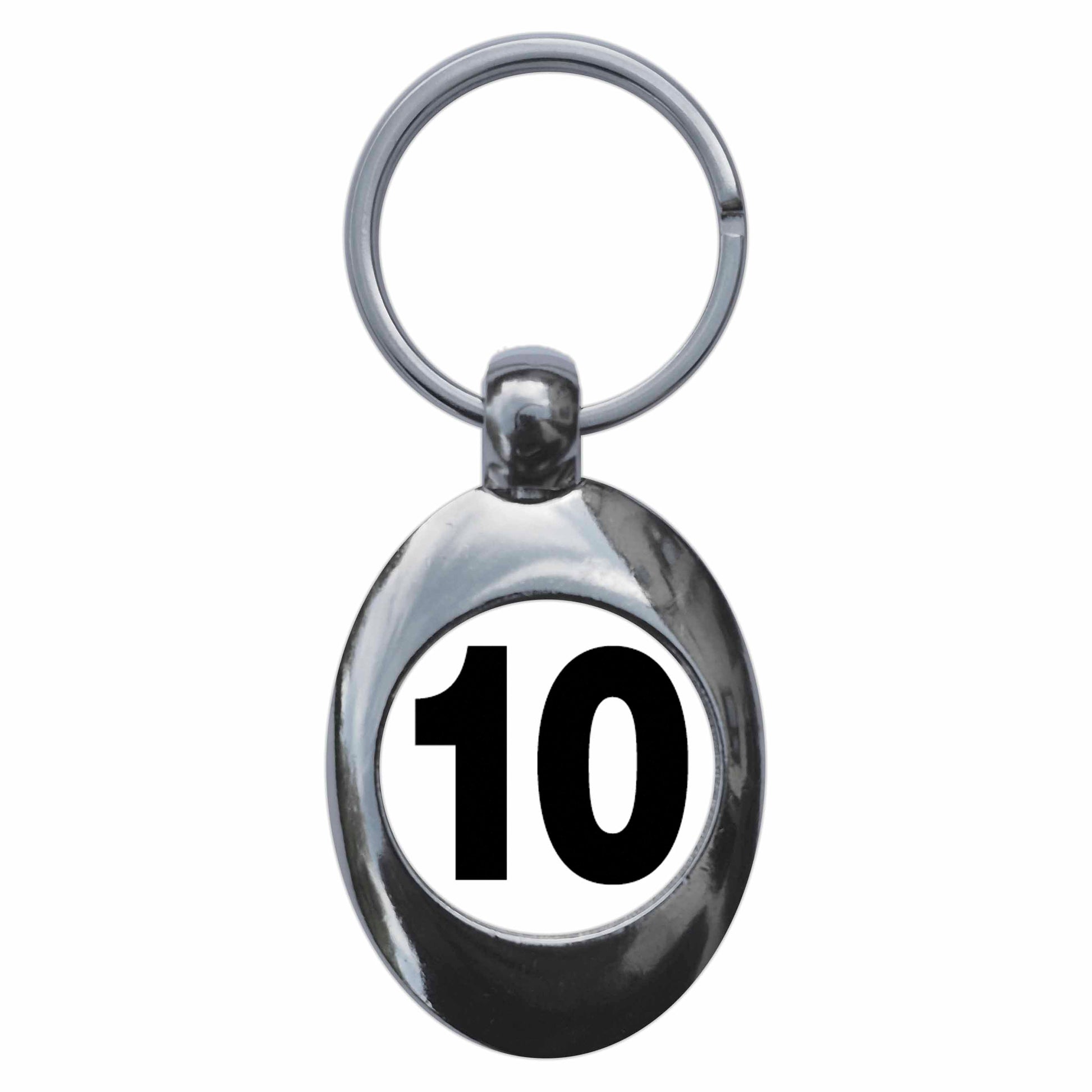 A picture of the front of the product, titled Plain Number 10 Ten Metal Keyring With Trolley Coin