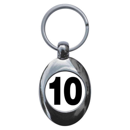 A picture of the front of the product, titled Plain Number 10 Ten Metal Keyring With Trolley Coin