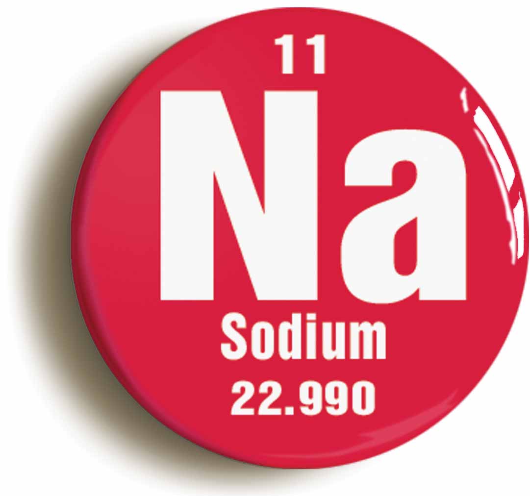 A picture of the front of the product, titled Sodium Element Symbol Button Pin Badge