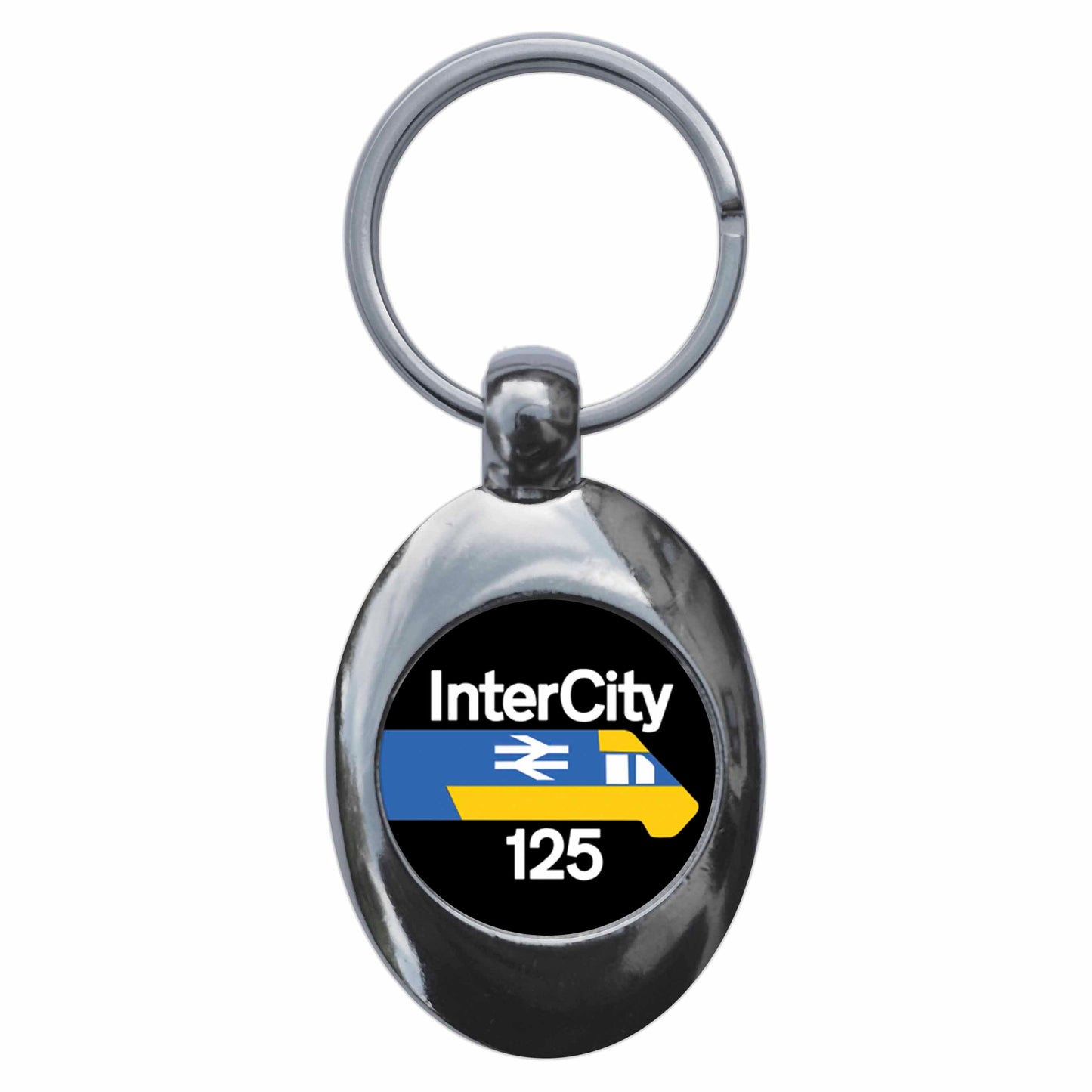 A picture of the front of the product, titled British Rail Inter City 125 Railways Metal Keyring With Trolley Coin