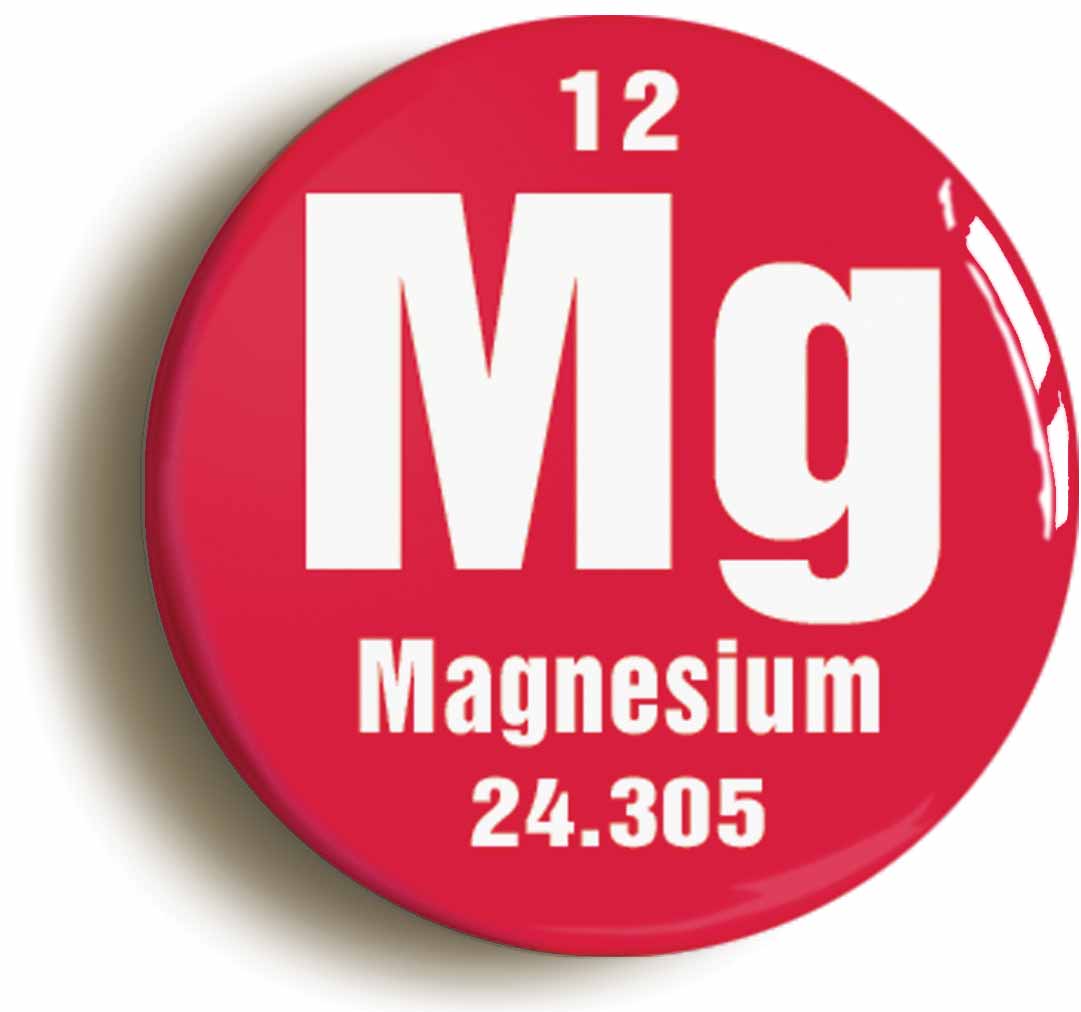 A picture of the front of the product, titled Magnesium Element Symbol Button Pin Badge