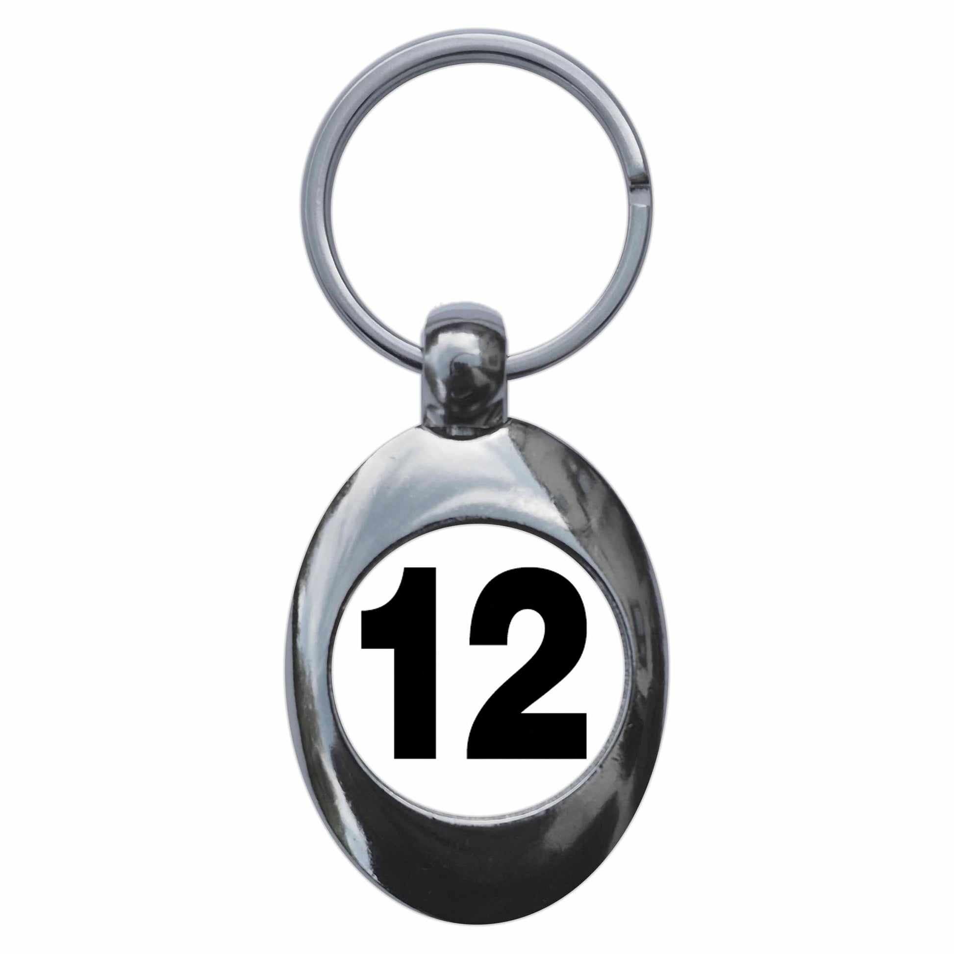 A picture of the front of the product, titled Plain Number 12 Twelve Metal Keyring With Trolley Coin