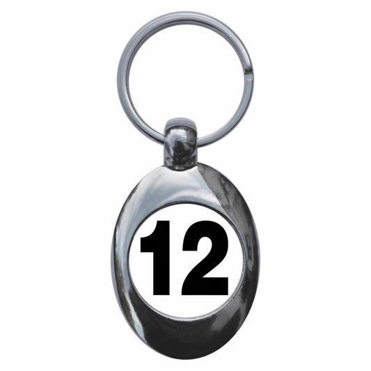 A picture of the front of the product, titled Plain Number 12 Twelve Metal Keyring With Trolley Coin