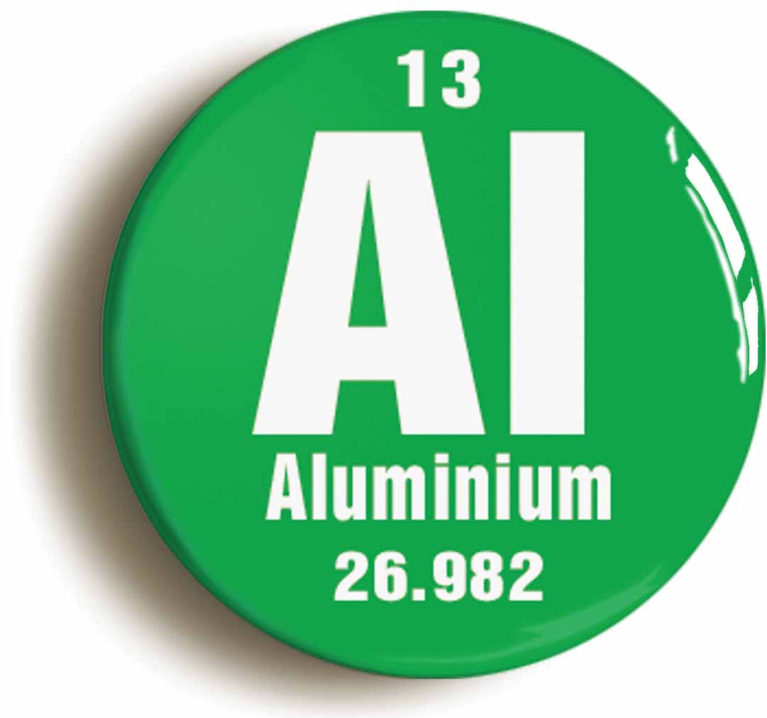 A picture of the front of the product, titled Aluminium Element Symbol Button Pin Badge