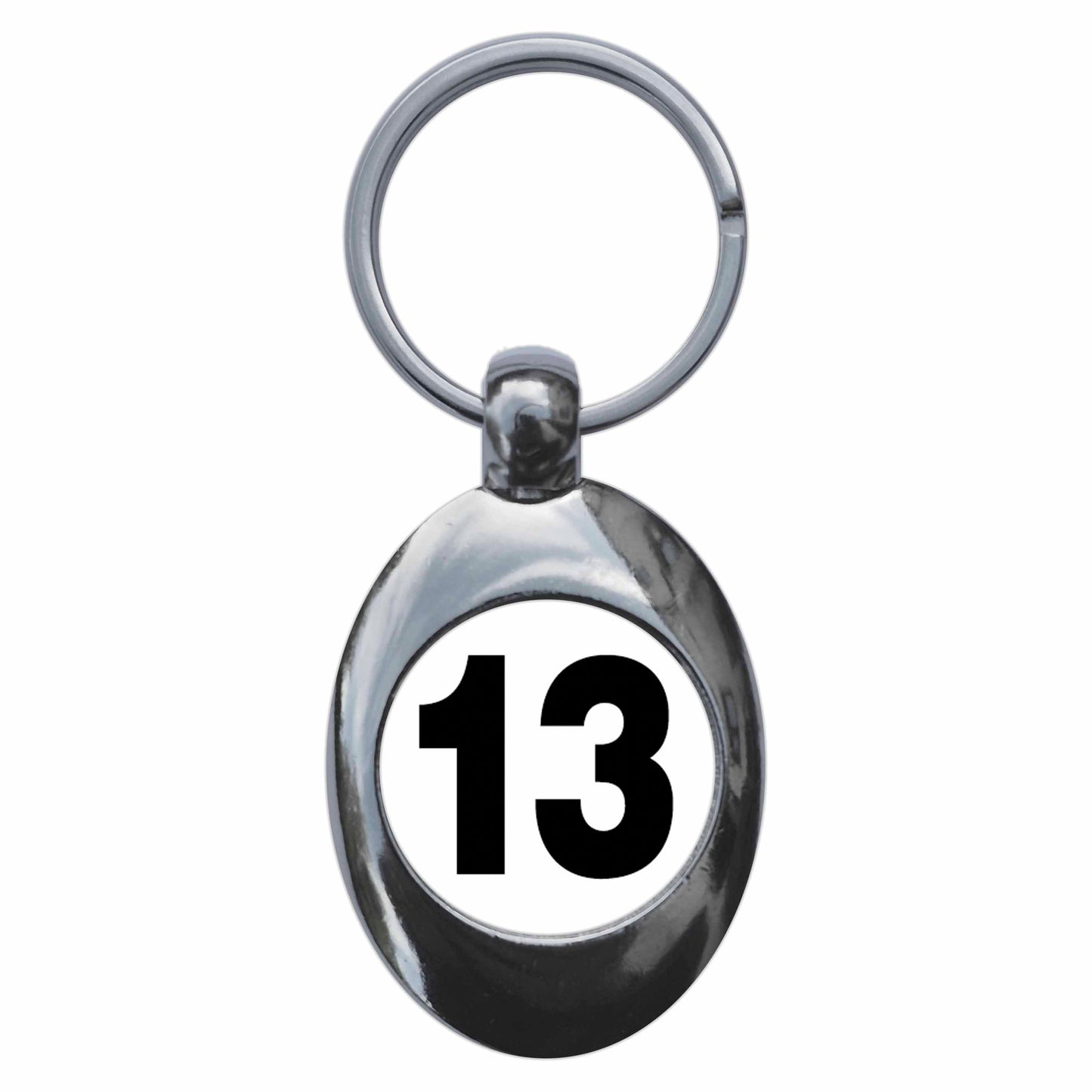 A picture of the front of the product, titled Plain Number 13 Thirteen Metal Keyring With Trolley Coin
