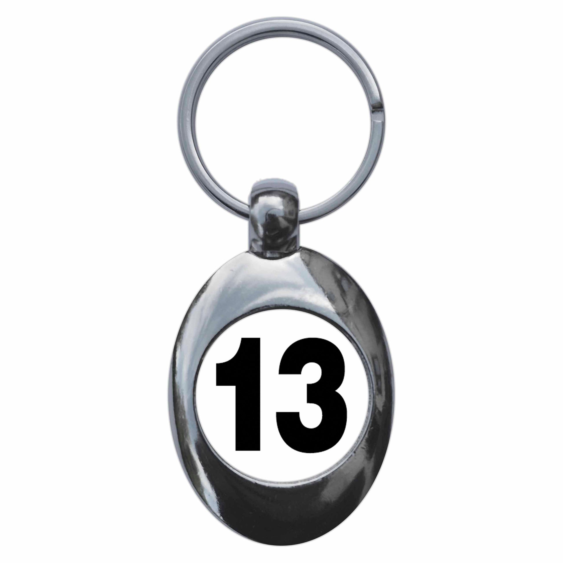 A picture of the front of the product, titled Plain Number 13 Thirteen Metal Keyring With Trolley Coin