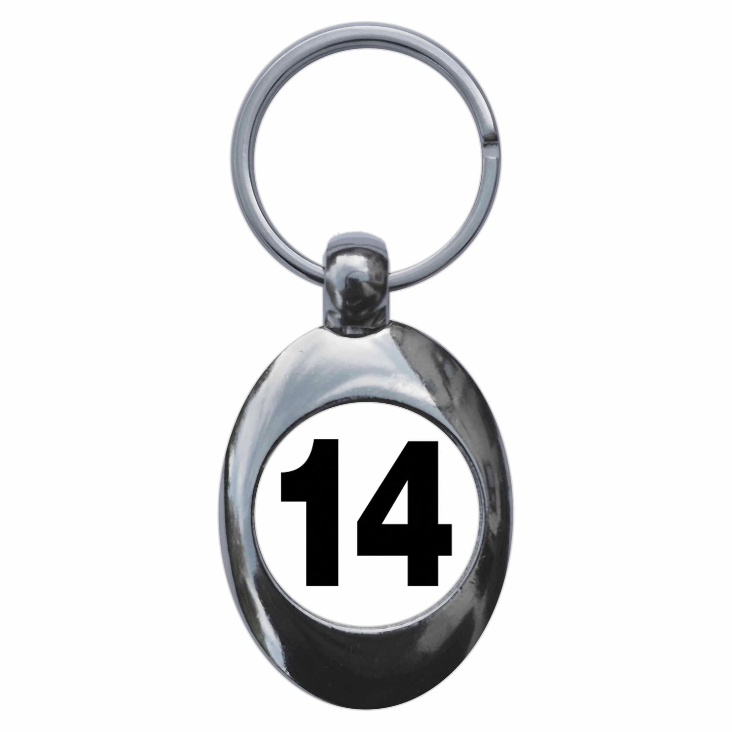 A picture of the front of the product, titled Plain Number 14 Fourteen Metal Keyring With Trolley Coin