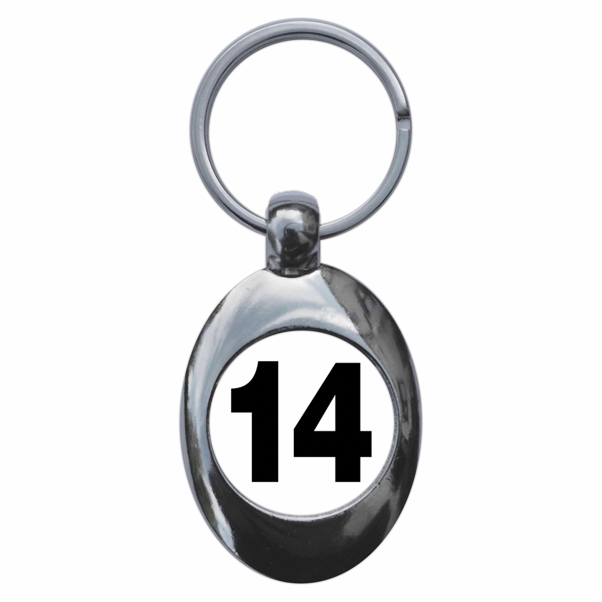 A picture of the front of the product, titled Plain Number 14 Fourteen Metal Keyring With Trolley Coin