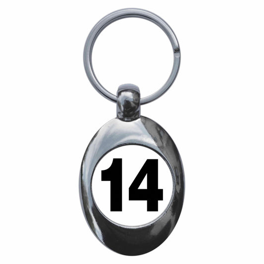 A picture of the front of the product, titled Plain Number 14 Fourteen Metal Keyring With Trolley Coin