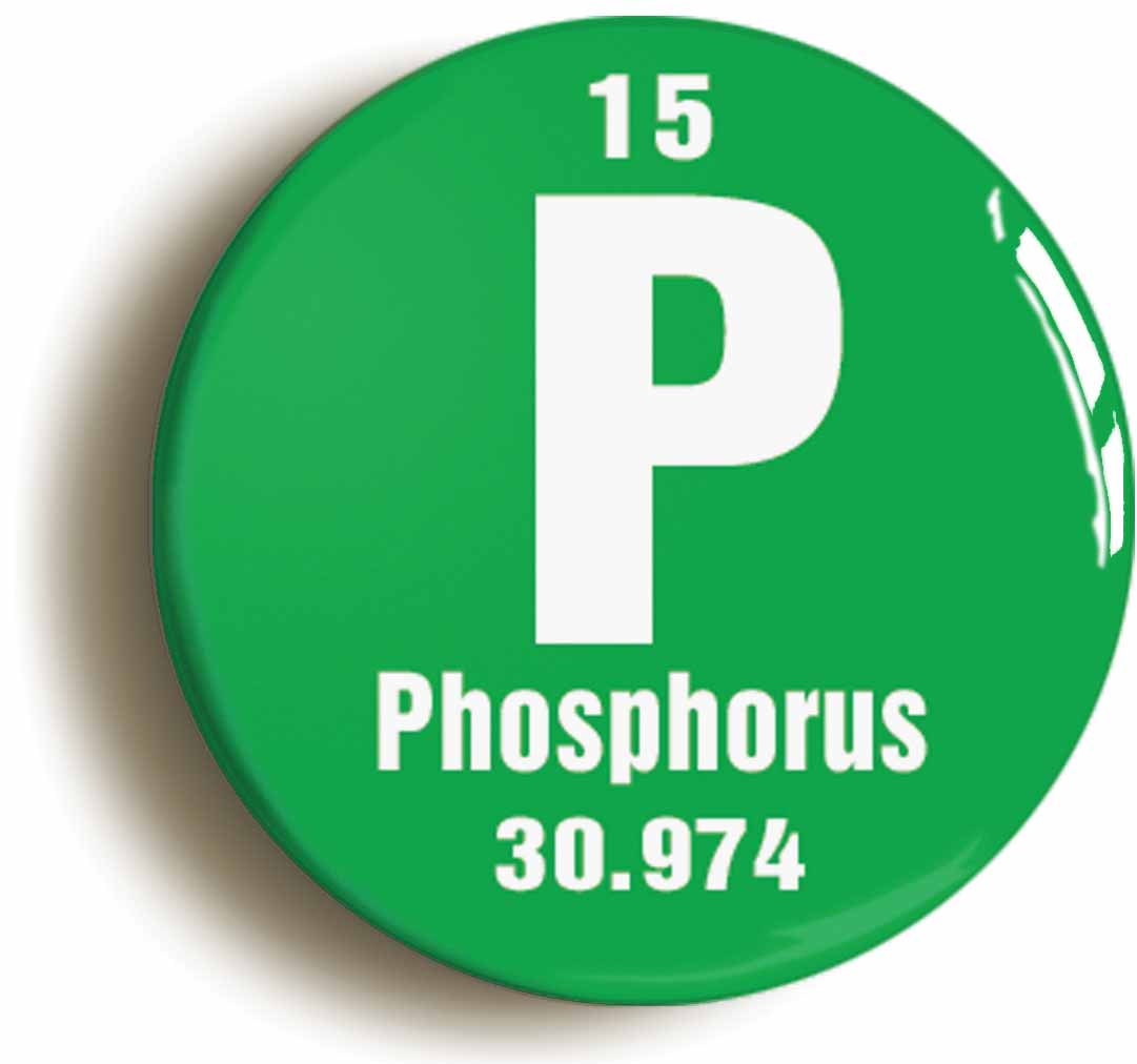 A picture of the front of the product, titled Phosphorus Element Symbol Button Pin Badge