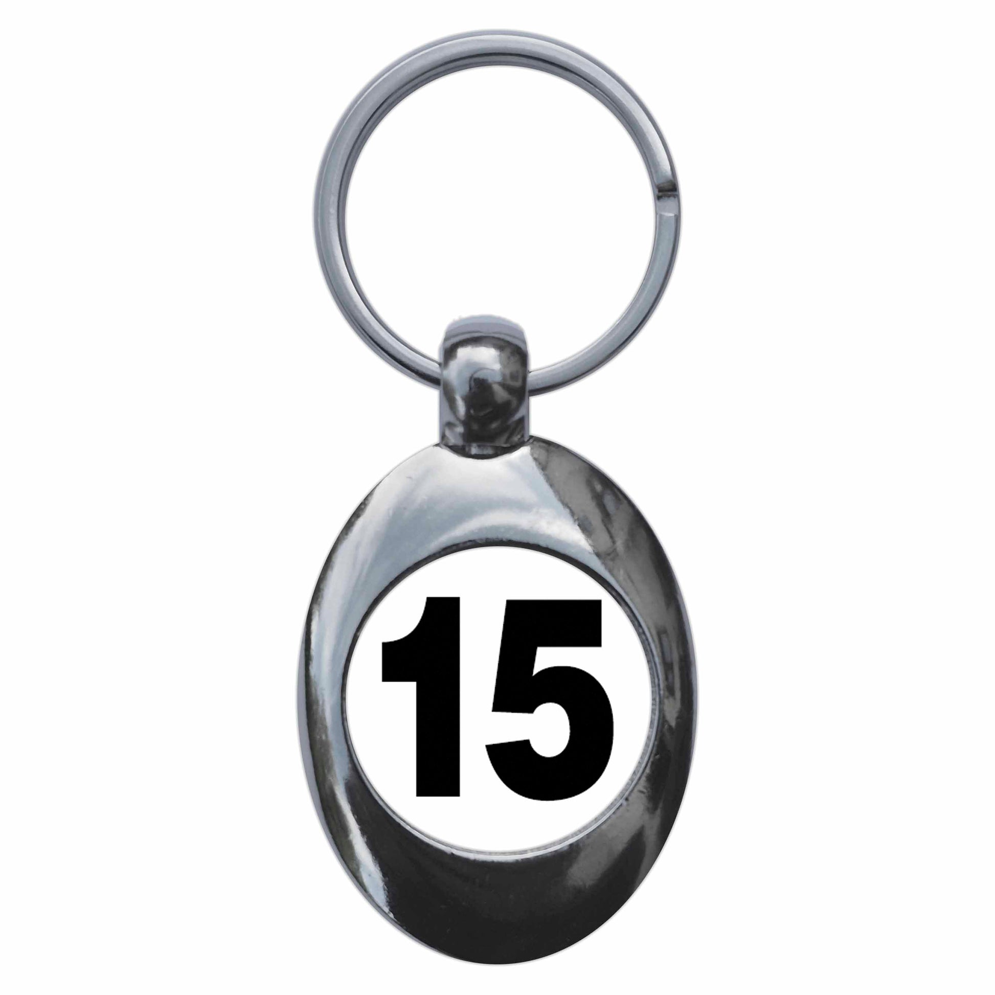 A picture of the front of the product, titled Plain Number 15 Fifteen Metal Keyring With Trolley Coin