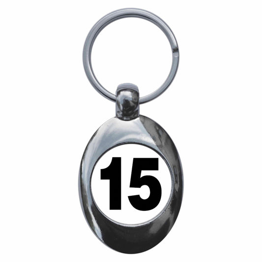 A picture of the front of the product, titled Plain Number 15 Fifteen Metal Keyring With Trolley Coin