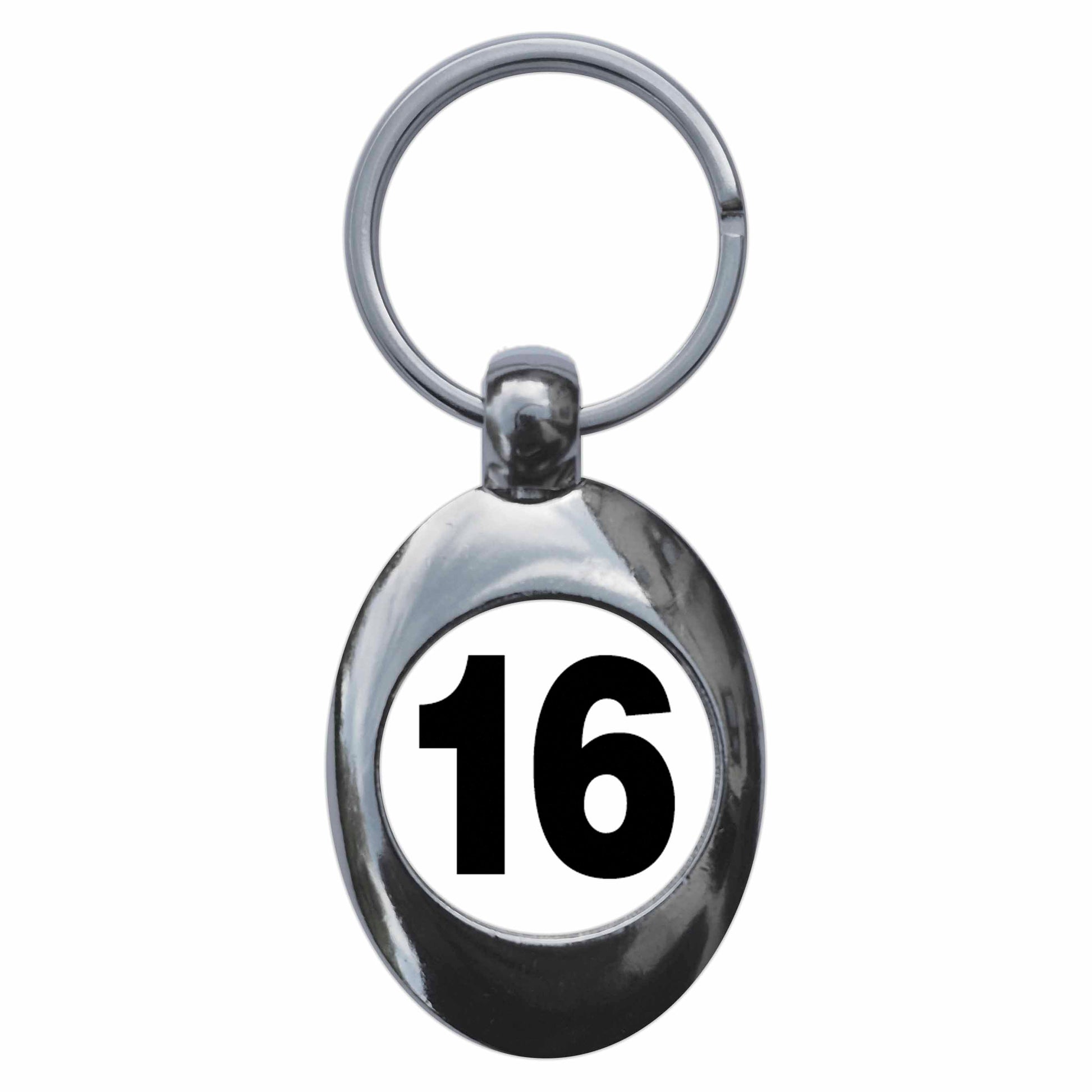 A picture of the front of the product, titled Plain Number 16 Sixteen Metal Keyring With Trolley Coin