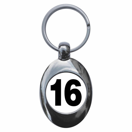 A picture of the front of the product, titled Plain Number 16 Sixteen Metal Keyring With Trolley Coin