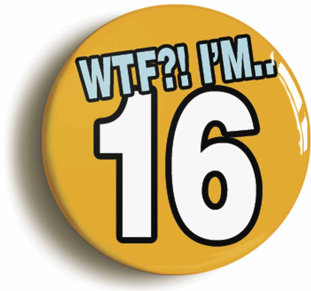 A picture of the front of the product, titled 16th Sixteenth Birthday WTF Funny Button Pin Badge