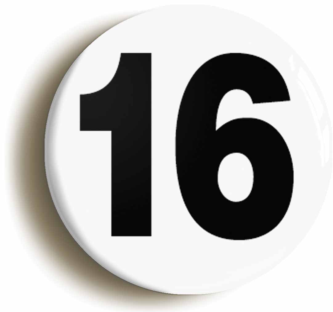 A picture of the front of the product, titled Plain Number 16 Sixteen Button Pin Badge