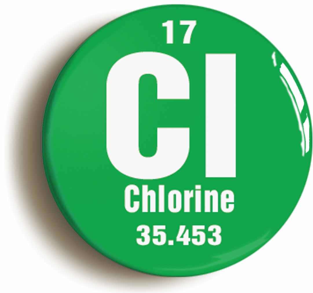 A picture of the front of the product, titled Chlorine Element Symbol Button Pin Badge