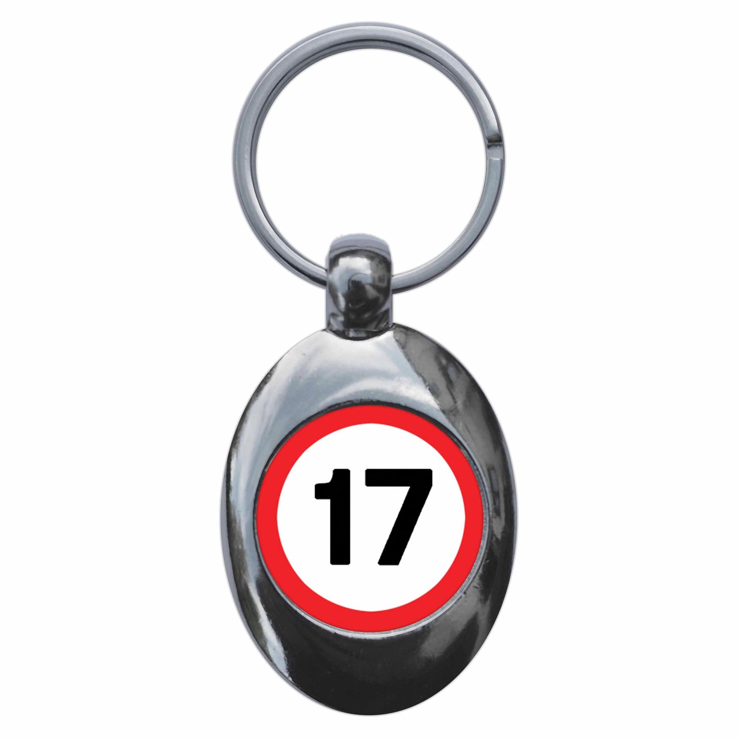 A picture of the front of the product, titled 17th Seventeenth Birthday MPH Road Sign Metal Keyring With Trolley Coin