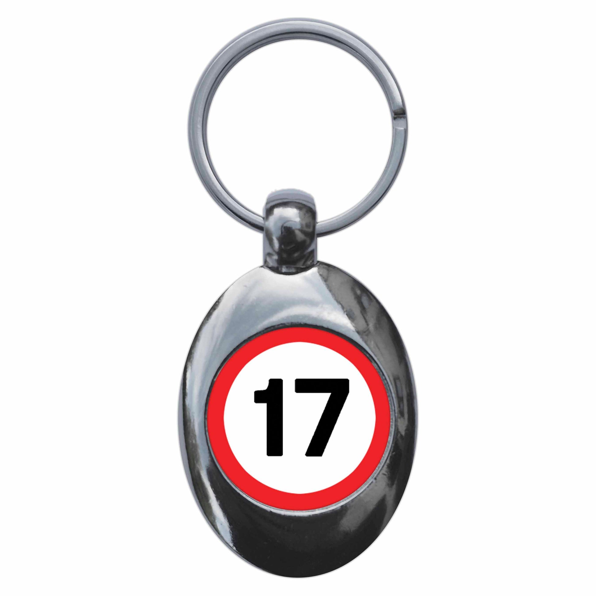 A picture of the front of the product, titled 17th Seventeenth Birthday MPH Road Sign Metal Keyring With Trolley Coin