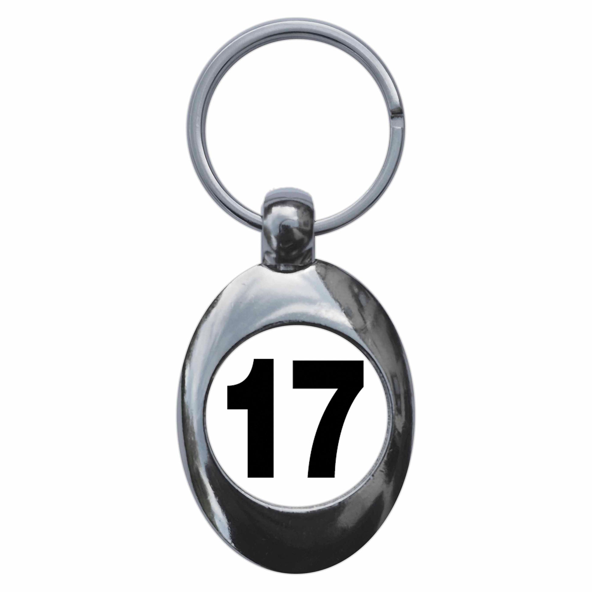 A picture of the front of the product, titled Plain Number 17 Seventeen Metal Keyring With Trolley Coin