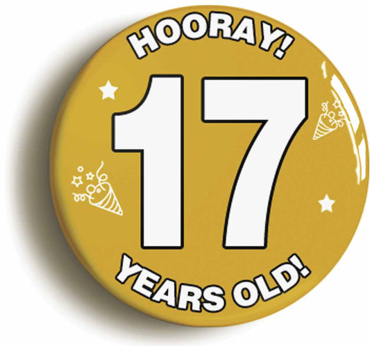 A picture of the front of the product, titled Hooray I'm 17 Years Old Seventeenth 17th Birthday Button Pin Badge