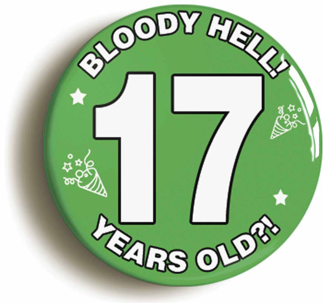 A picture of the front of the product, titled Bloody Hell I'm Seventeen 17 Seventeenth 17th Birthday Button Pin Badge