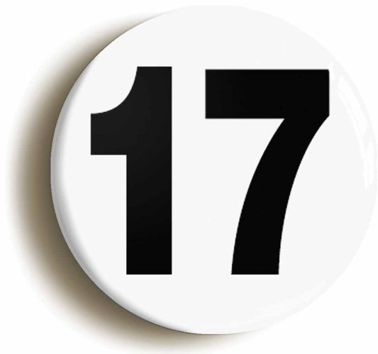 A picture of the front of the product, titled Plain Number 17 Seventeen Button Pin Badge