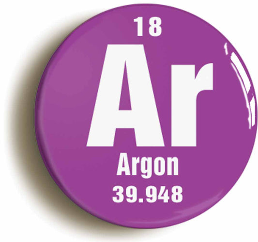 A picture of the front of the product, titled Argon Element Symbol Button Pin Badge