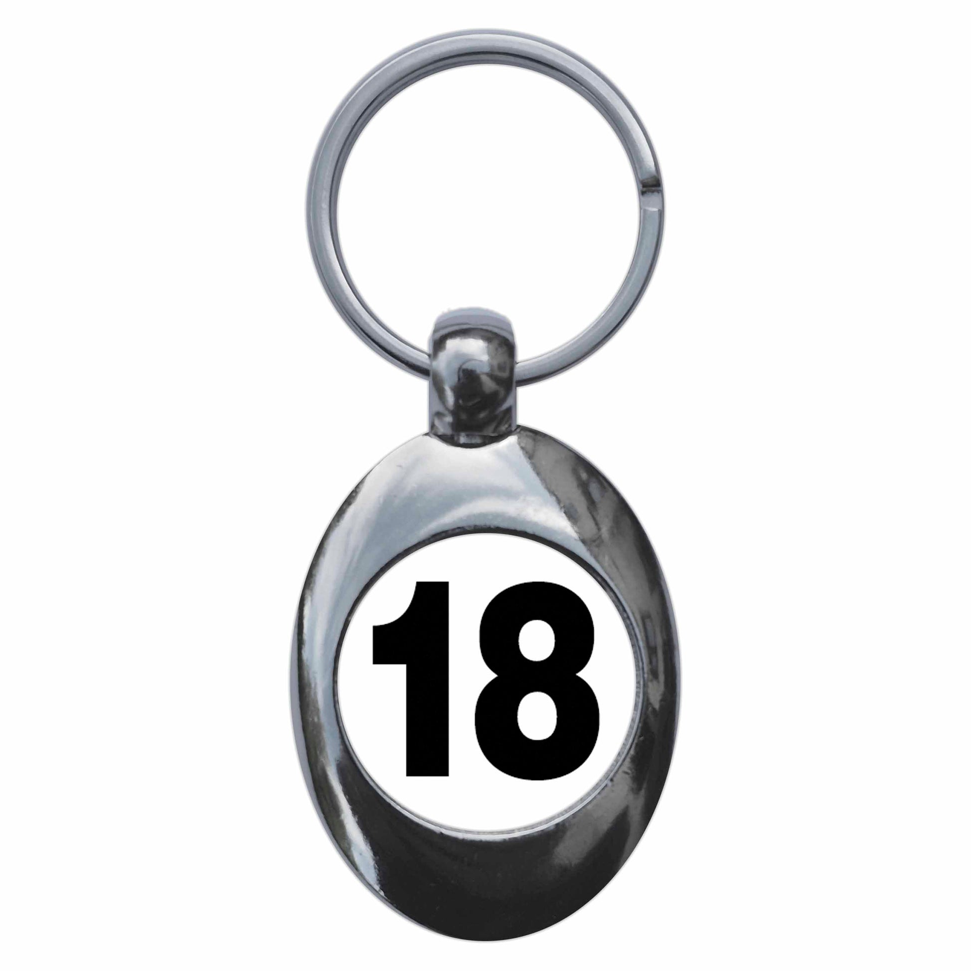 A picture of the front of the product, titled Plain Number 18 Eighteen Metal Keyring With Trolley Coin