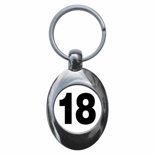A picture of the front of the product, titled Plain Number 18 Eighteen Metal Keyring With Trolley Coin