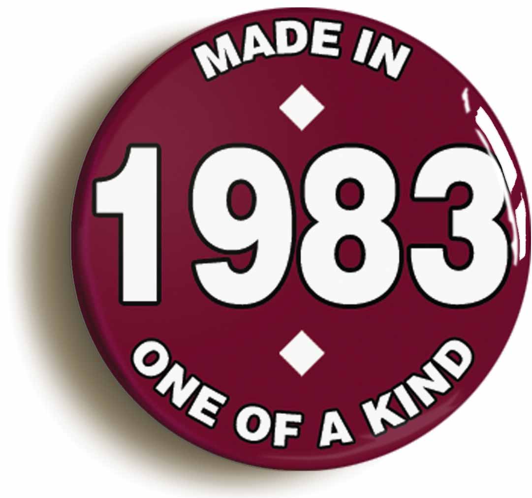 A picture of the front of the product, titled Made In 1983 Birthday Button Pin Badge