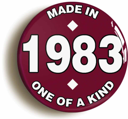 A picture of the front of the product, titled Made In 1983 Birthday Button Pin Badge