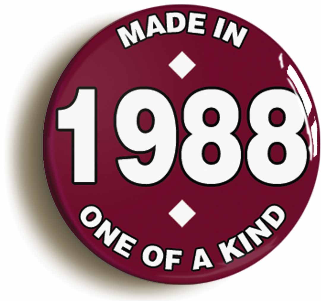 A picture of the front of the product, titled Made In 1988 Birthday Button Pin Badge