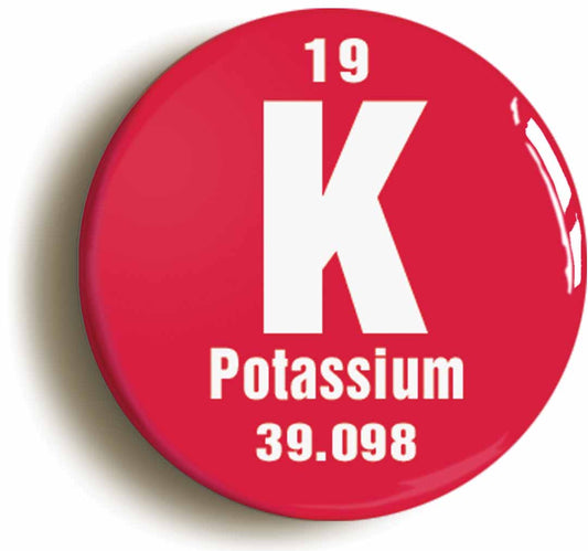 A picture of the front of the product, titled Potassium Element Symbol Button Pin Badge