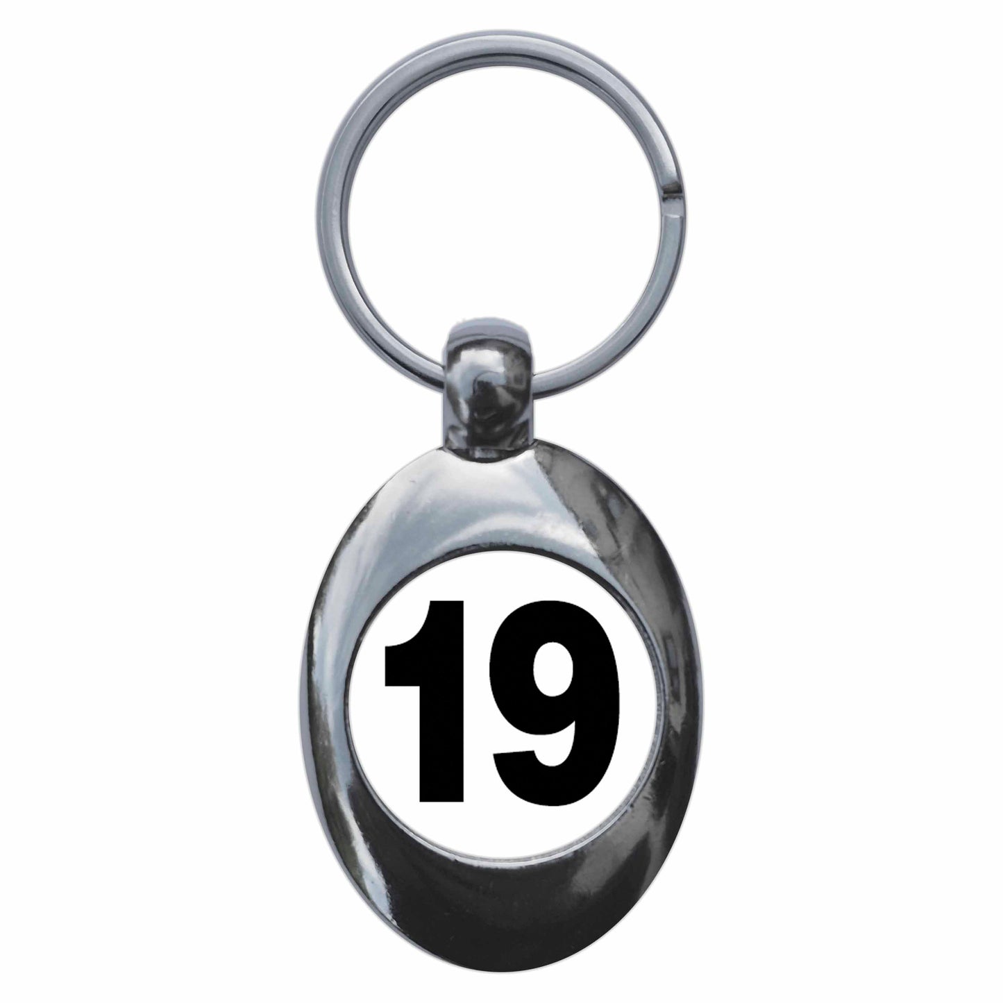 A picture of the front of the product, titled Plain Number 19 Nineteen Metal Keyring With Trolley Coin
