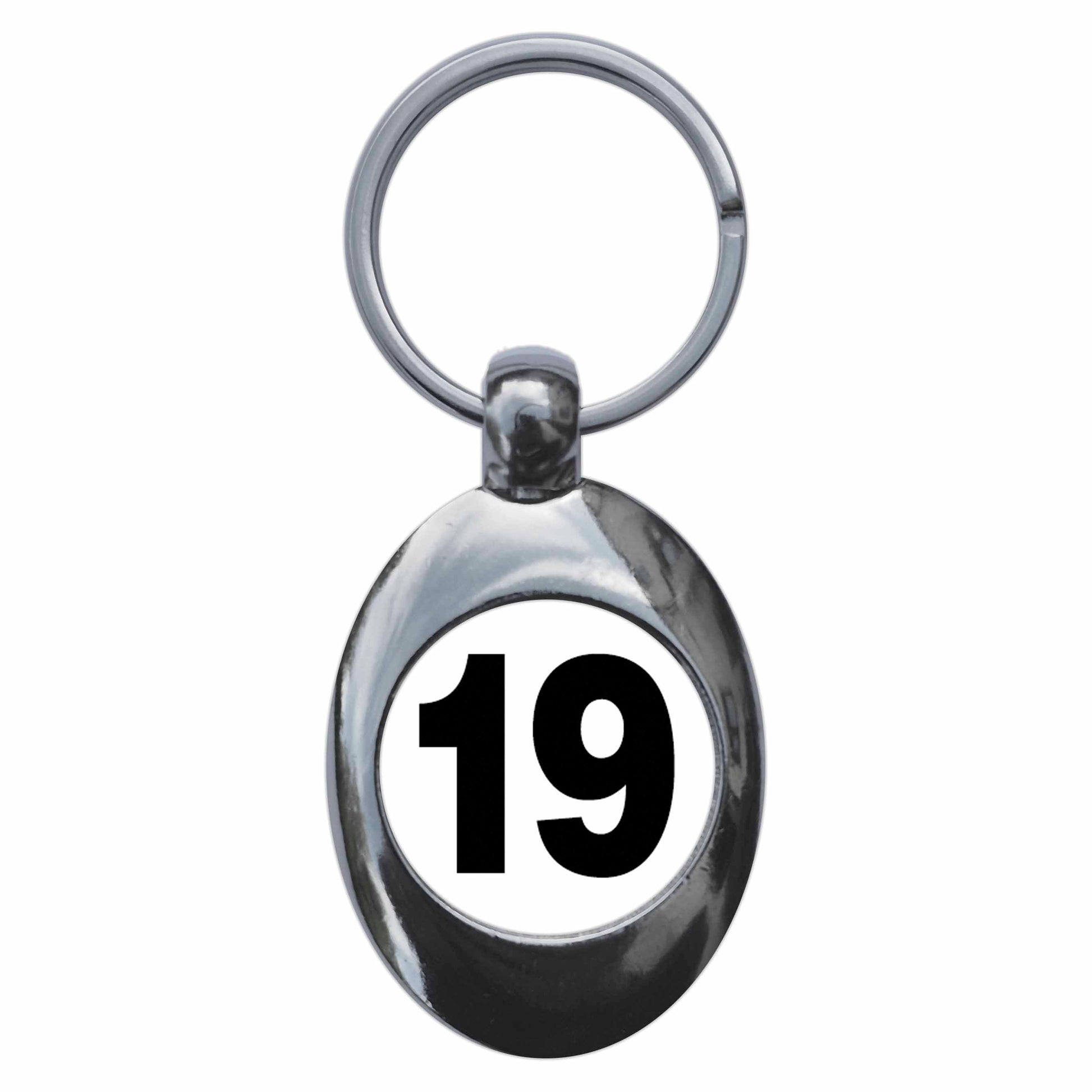 A picture of the front of the product, titled Plain Number 19 Nineteen Metal Keyring With Trolley Coin