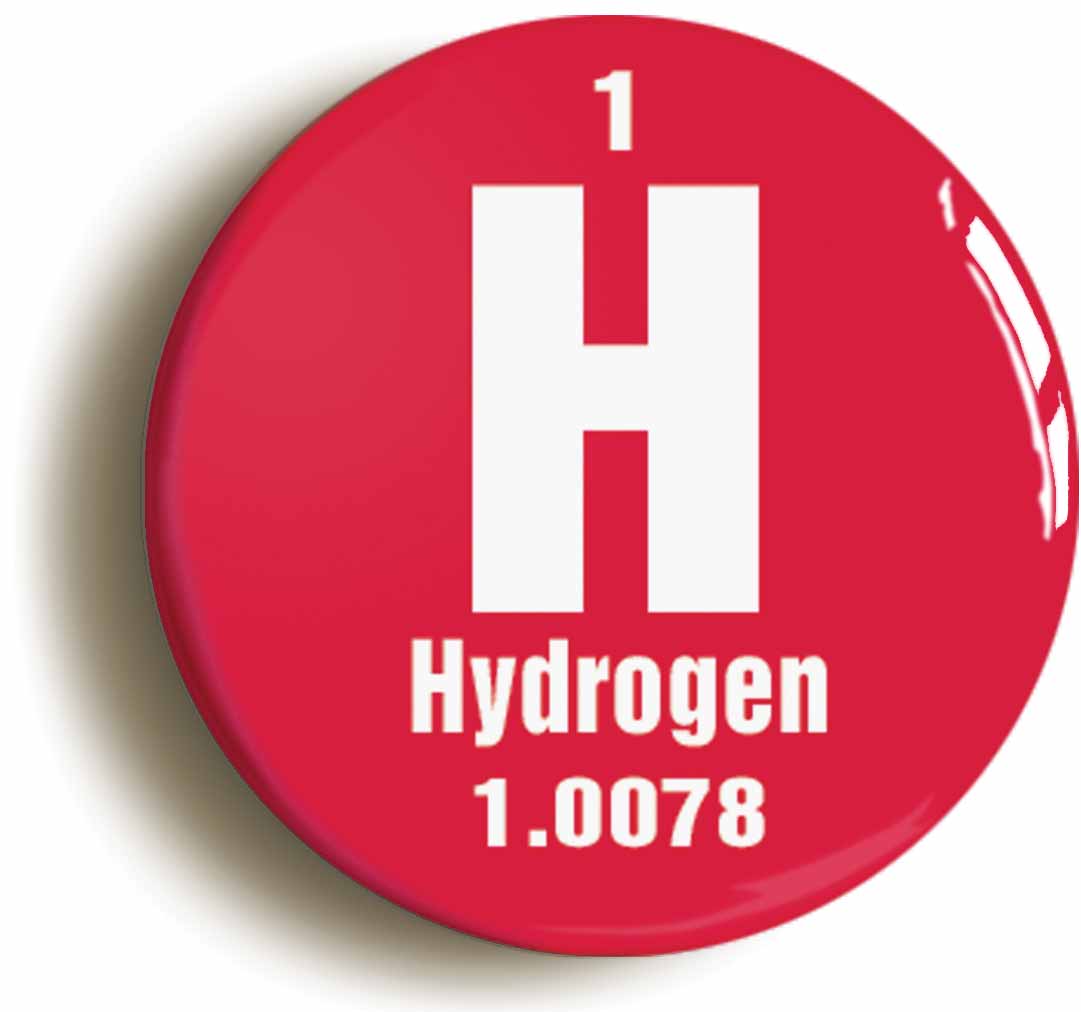 A picture of the front of the product, titled Hydrogen Element Symbol Button Pin Badge