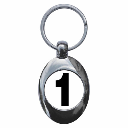 A picture of the front of the product, titled Plain Number 1 One Metal Keyring With Trolley Coin