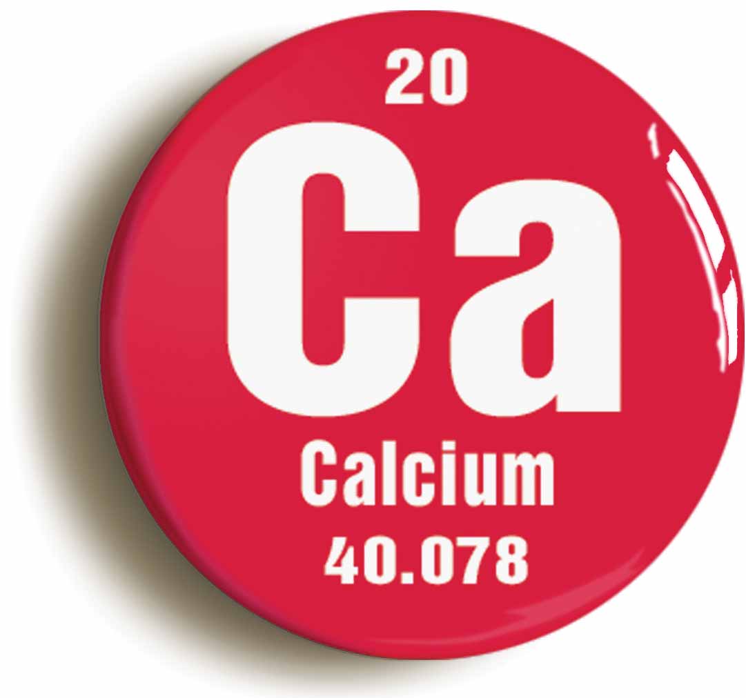 A picture of the front of the product, titled Calcium Element Symbol Button Pin Badge
