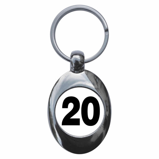 A picture of the front of the product, titled Plain Number 20 Twenty Metal Keyring With Trolley Coin