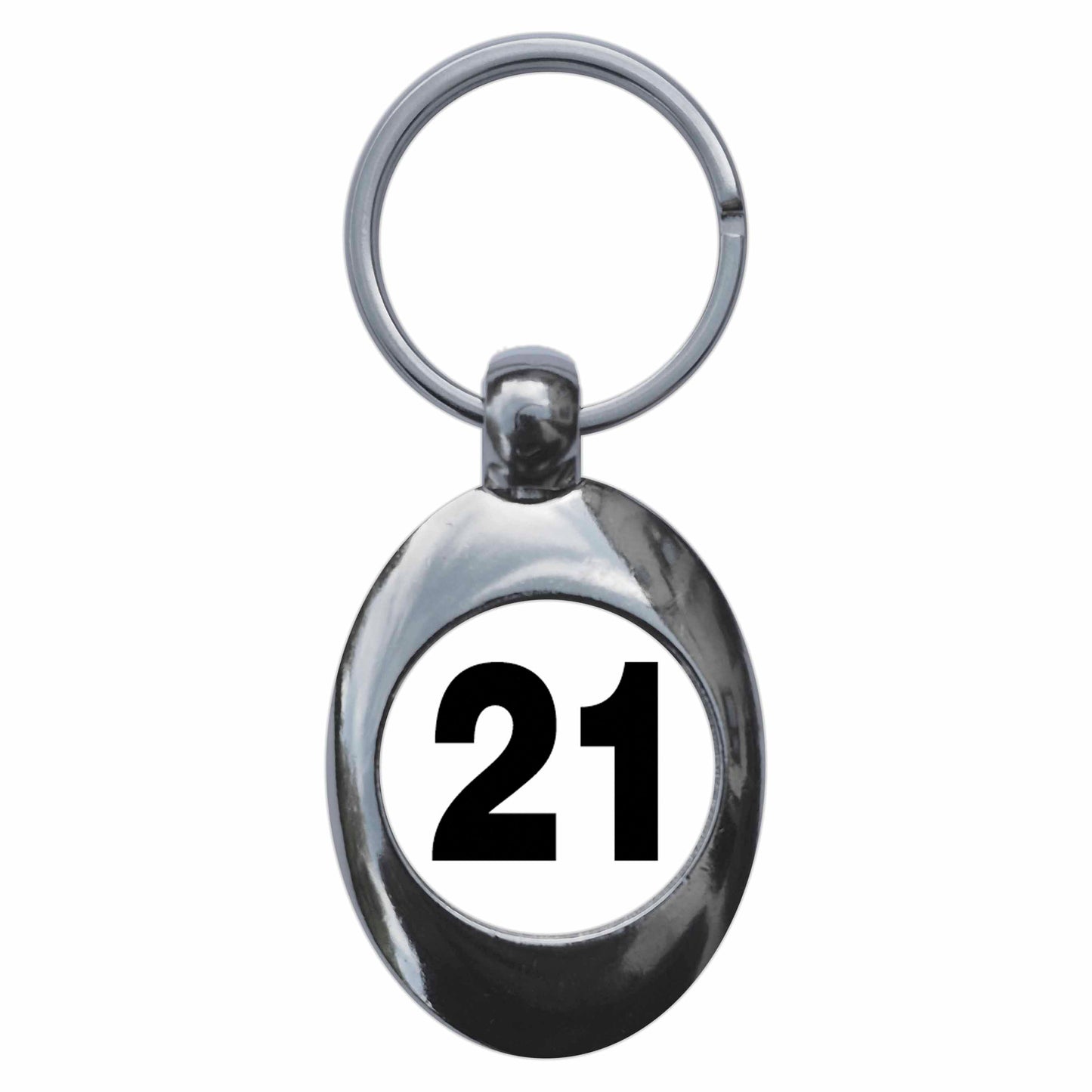 A picture of the front of the product, titled Plain Number 21 Twenty One Metal Keyring With Trolley Coin