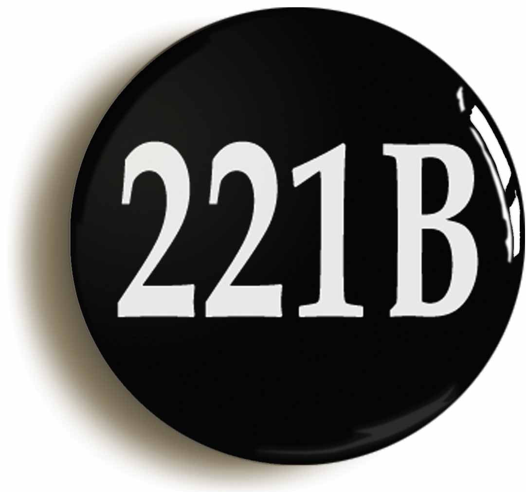 A picture of the front of the product, titled 221B Sherlock Holmes Baker Street Button Pin Badge