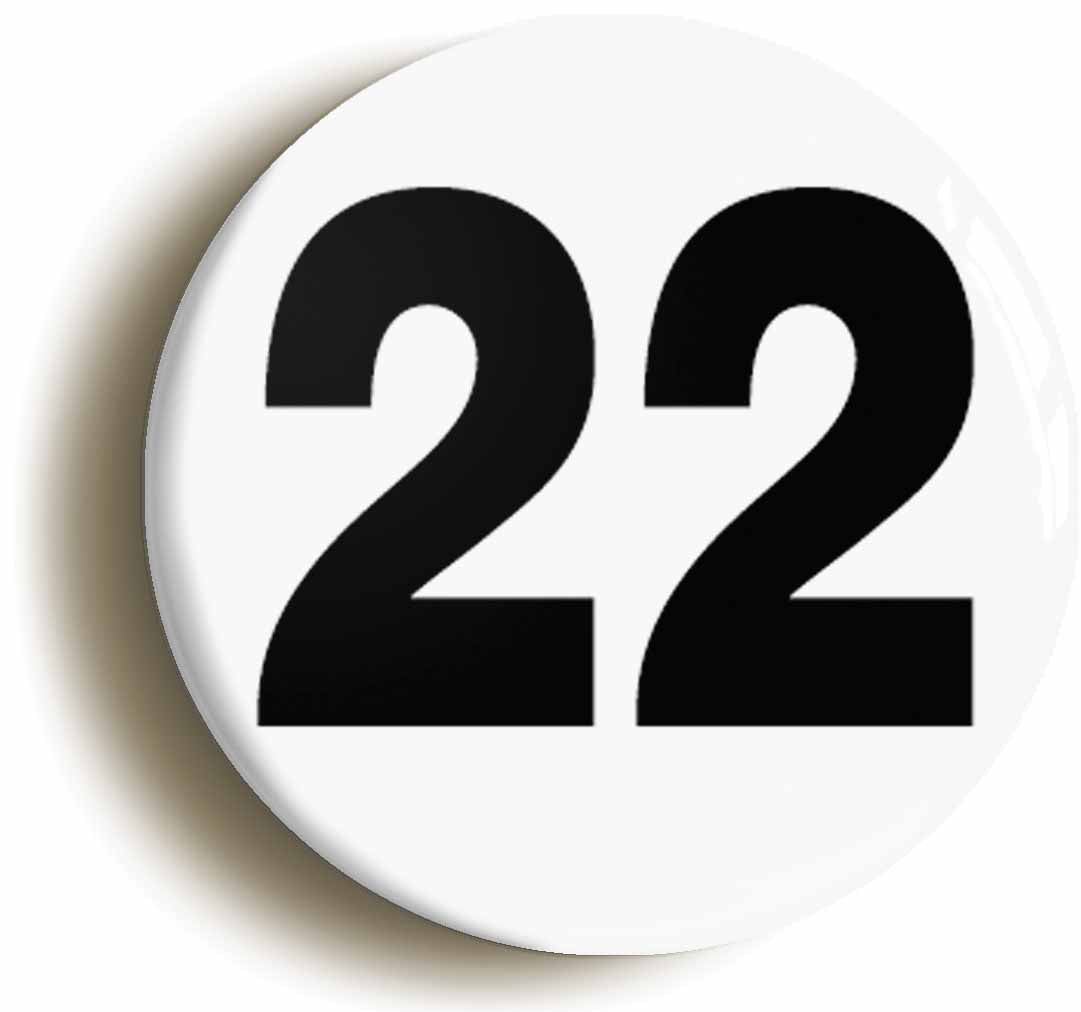 A picture of the front of the product, titled Plain Number 22 Twenty Two Button Pin Badge