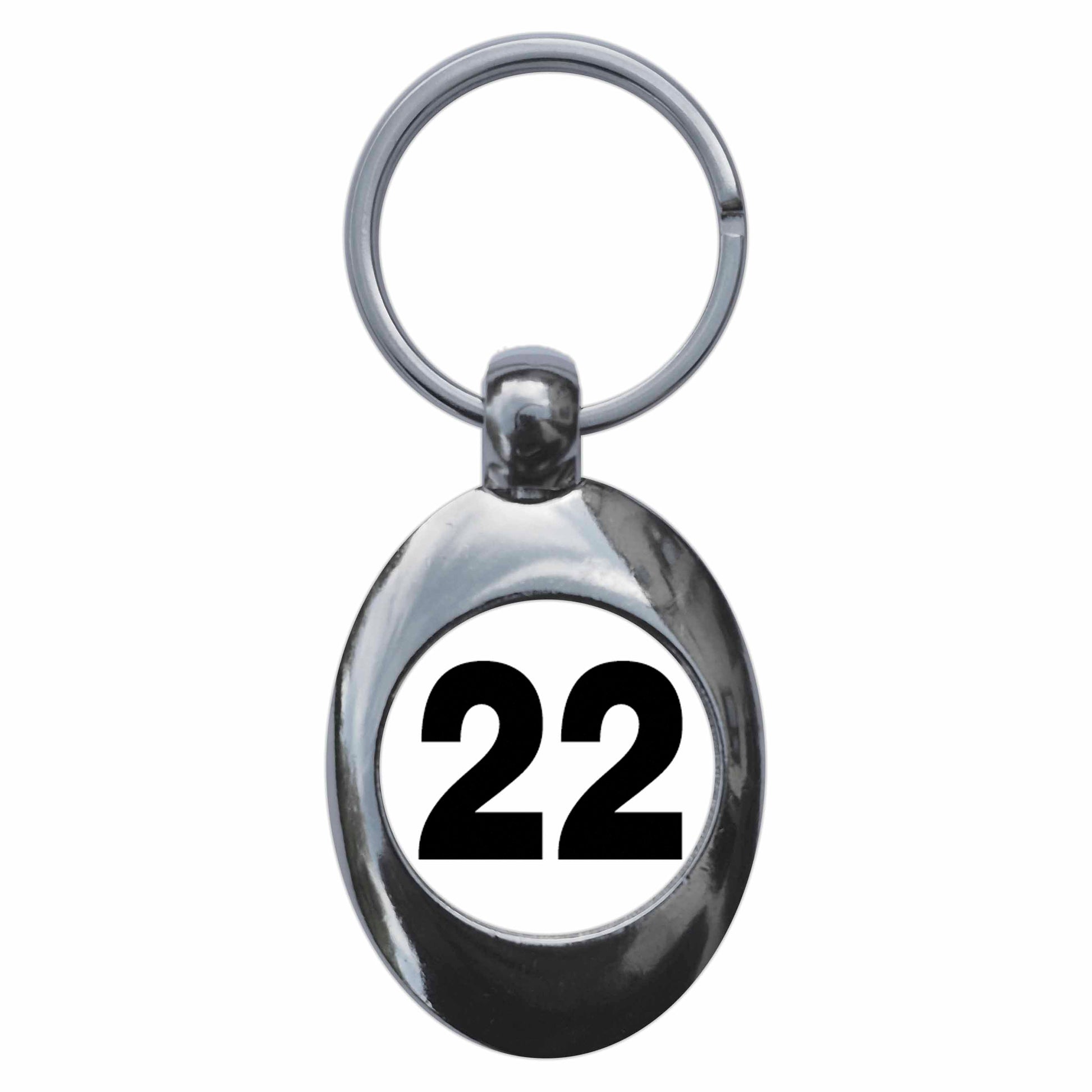 A picture of the front of the product, titled Plain Number 22 Twenty Two Metal Keyring With Trolley Coin
