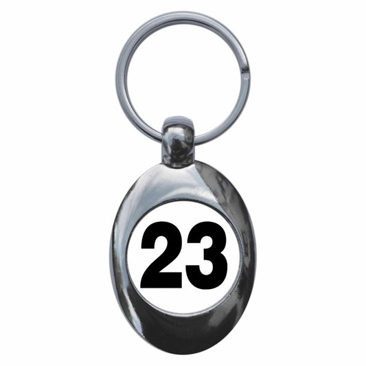 A picture of the front of the product, titled Plain Number 23 Twenty Three Metal Keyring With Trolley Coin