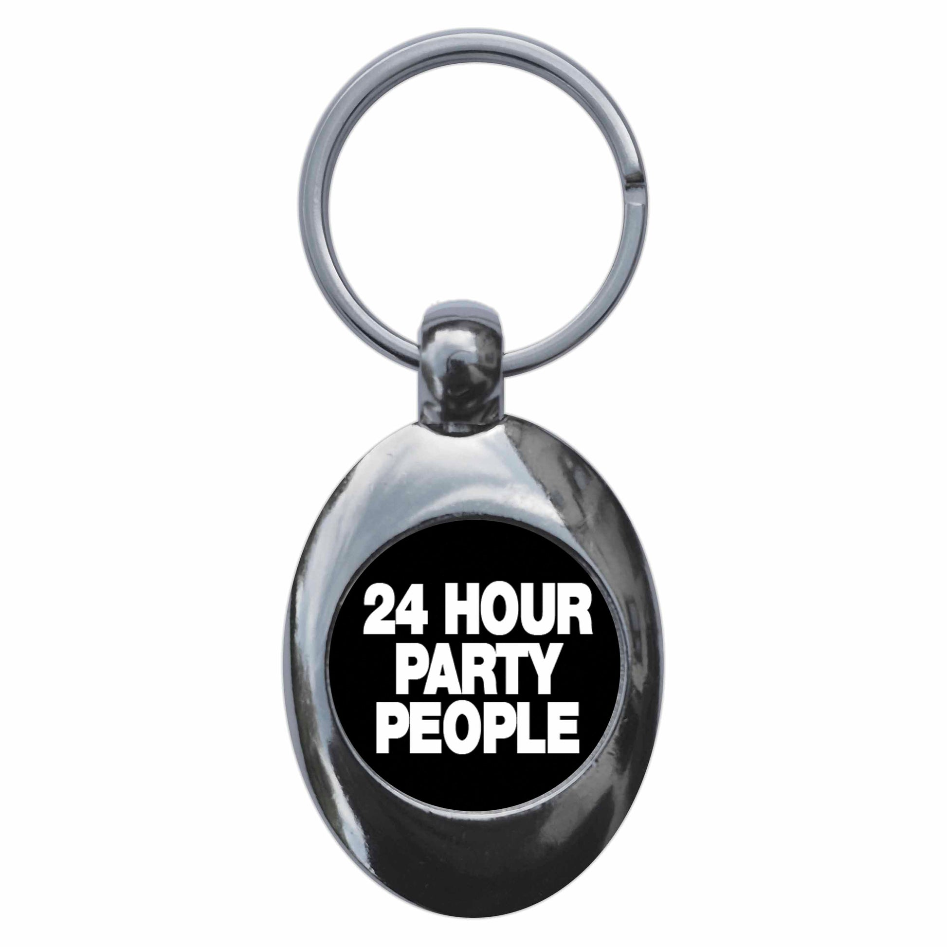A picture of the front of the product, titled 24 Hour Pary People Metal Keyring With Trolley Coin